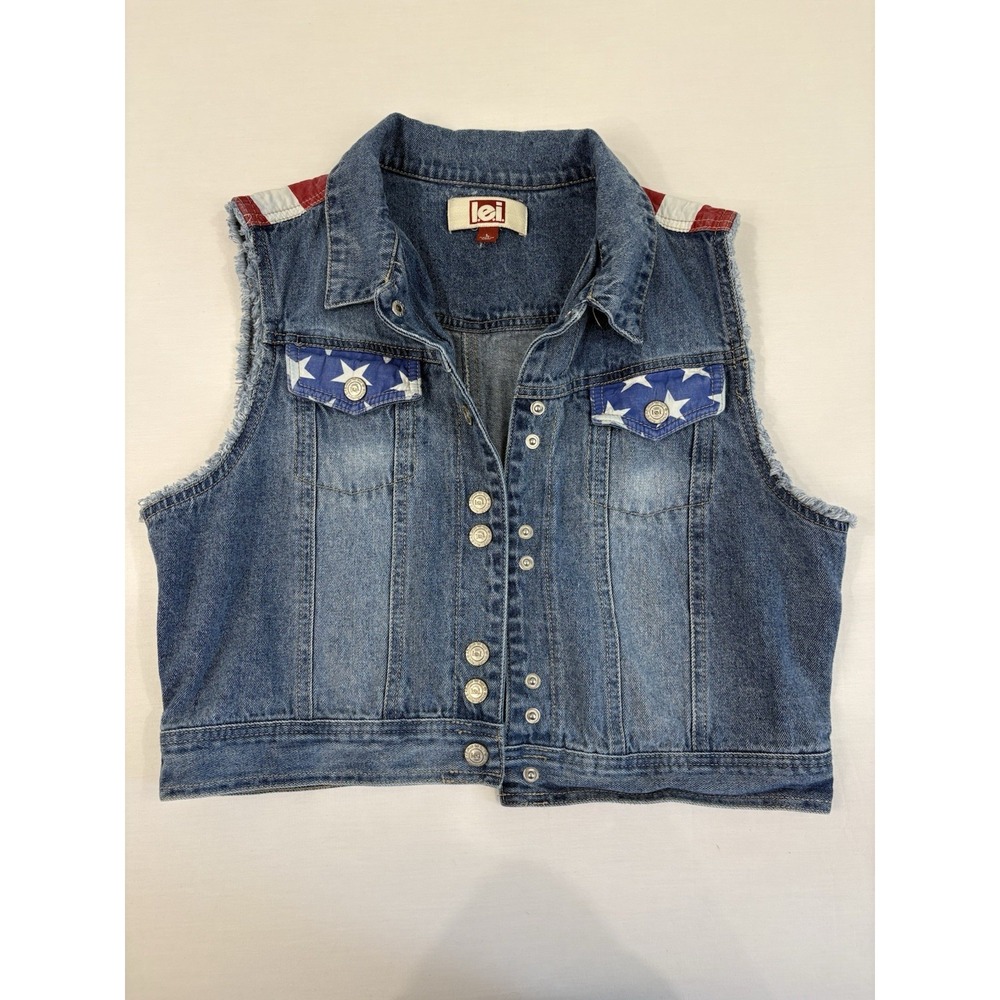 Vintage Y2K LEI American Flag Denim Vest Size Youth L 4th July Patriotic Cut Off